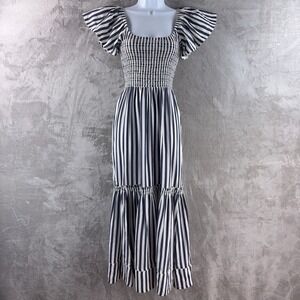 La Ligne Smocked Maxi Dress Womens Size Small Blue White Stripe Silk Flutter